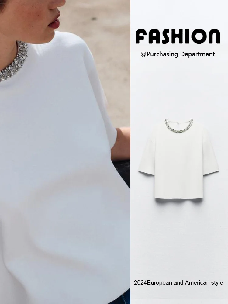 

Summer New Women's Knitted round Ne ort Sve T-irt Jewelry Embellied ZA2024 Commute Sle Regular Thin