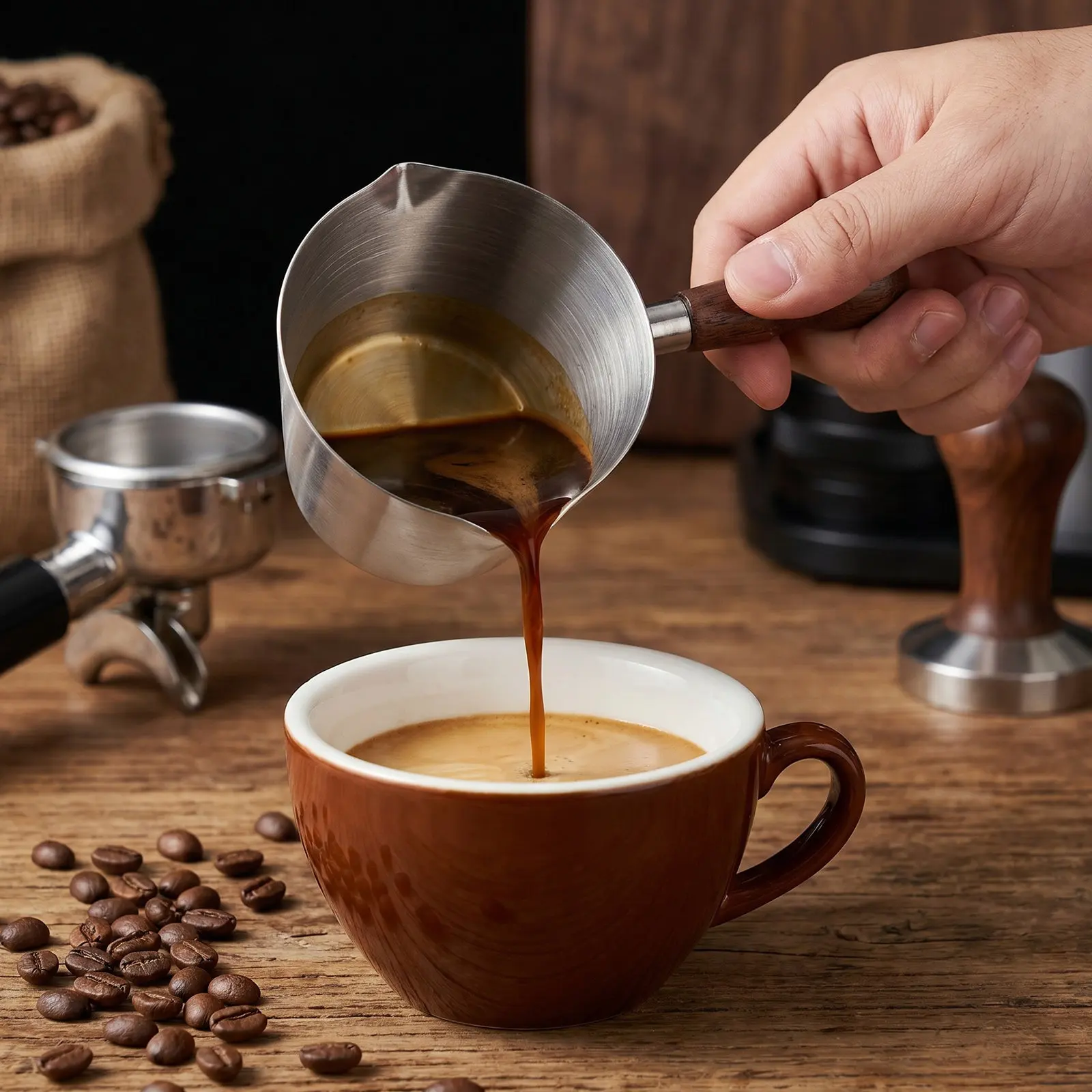 120Ml Stainless Steel Espresso Measuring Cup Wood Handle Double Spout Milk Frothing Jug Coffee Bar Latte Art Sauce Pitcher
