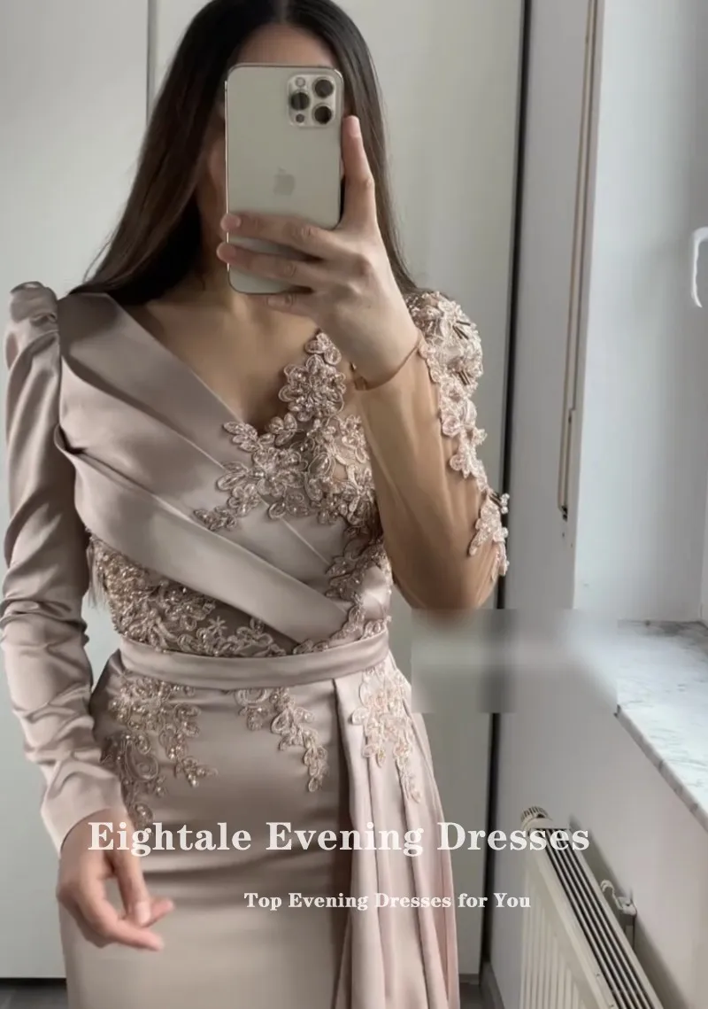 Eightale champagne vestido de noite para festa de casamento cetim frisado mangas compridas rendas do vintage sereia vestidos de baile celebridade vestido