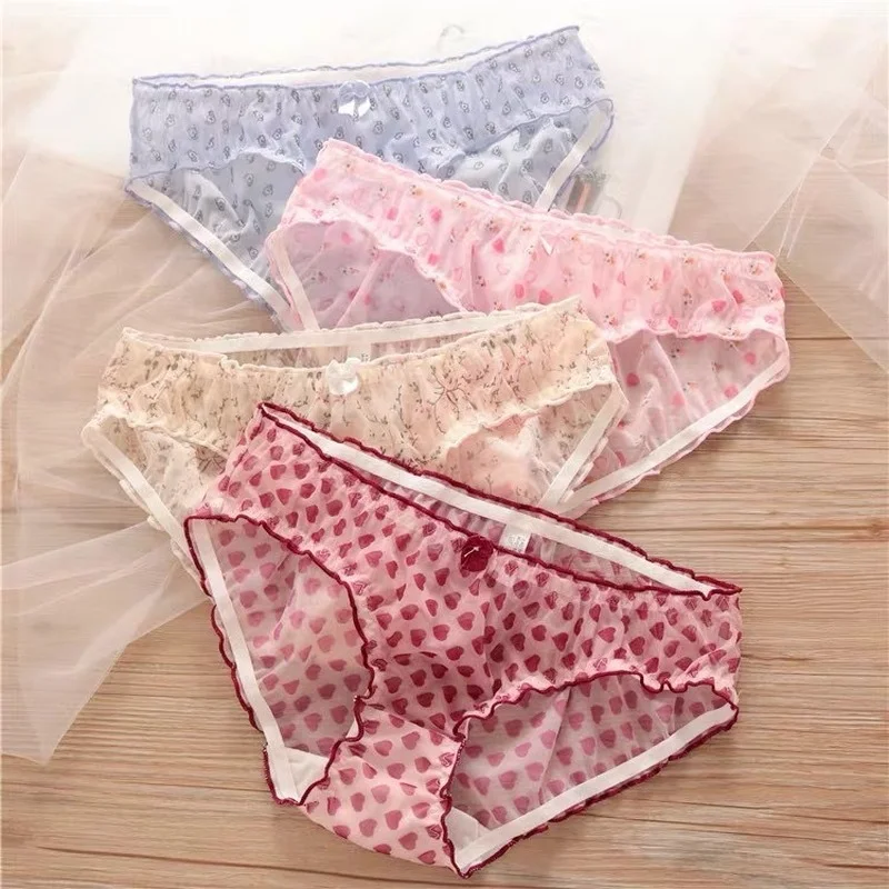 Ropa interior japonesa para mujer, malla de fresa transpirable, calzoncillos transparentes de cintura baja, ropa interior Sexy de dibujos animados