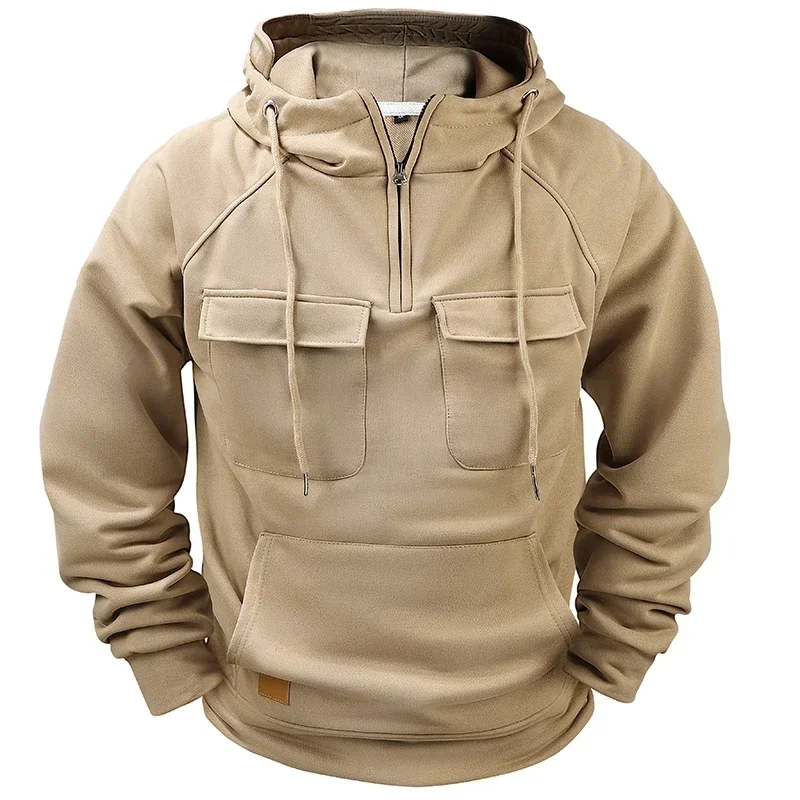 

2025 New Autumn Winter Men's Half Zip Hoodie Solid Color Multi Pocket Casual Streetwear Tactical Outdoor Sport Daily Pullover