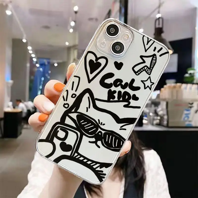 Dog Cat Graffiti Couple Phones Case For IPhone 11 12 13 14 15 Pro Max Mini X XR 7 8 SE Plus SE Carton Animals Cute Puppy Covers