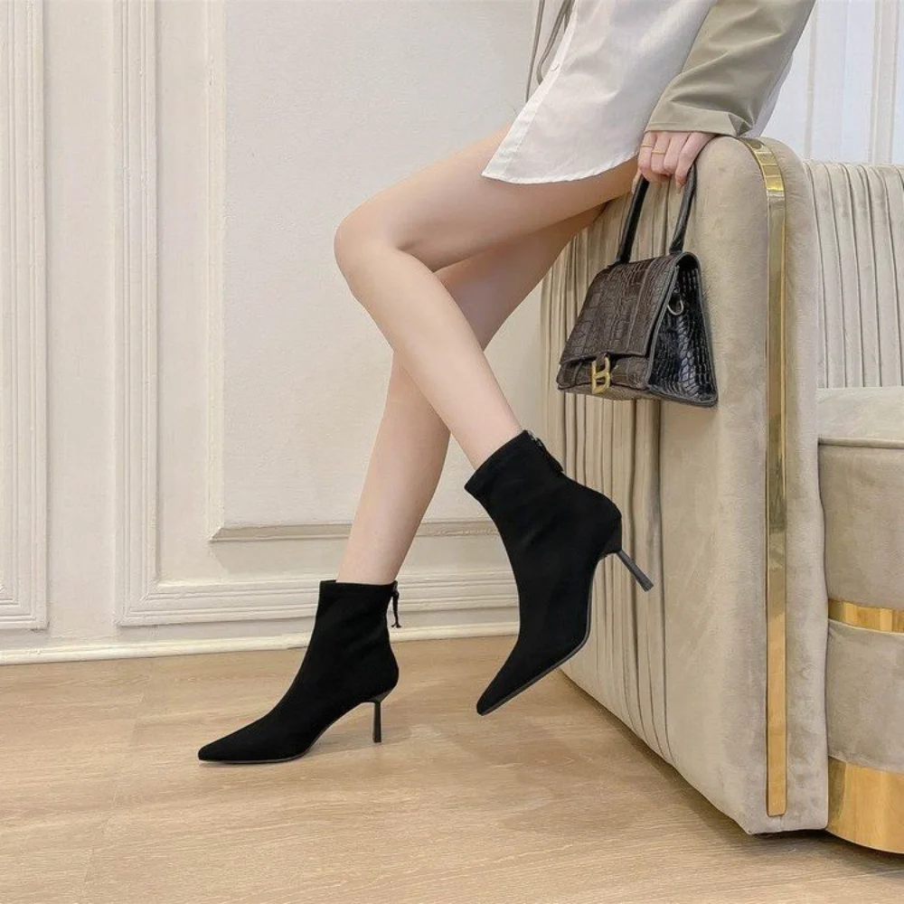 Women's Beige Suede Stiletto Ankle Boots, Elastic Pointed Toe Booties, Comfortable Footwear for Office Party Wear image 3