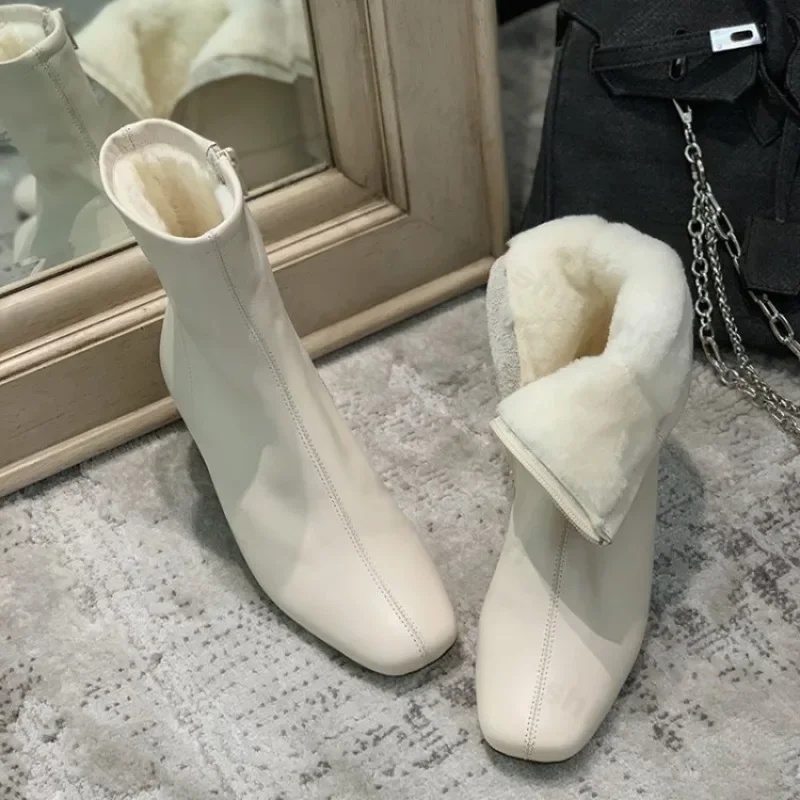 Damenstiefel 2025, Wintermode, Reißverschluss, dicke High Heels, warme Plüsch-Stiefeletten für Damen mit Plüsch, weiße Damen-Kurzstiefel
