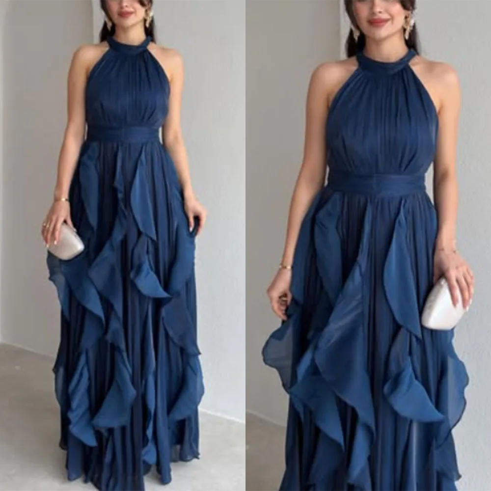 

High Quality Customized Halter Floor Length Sleeveless Pleat Robes De Soirée Luxe Dubaï Ball Gowns Luxury Dresses فستان احمر