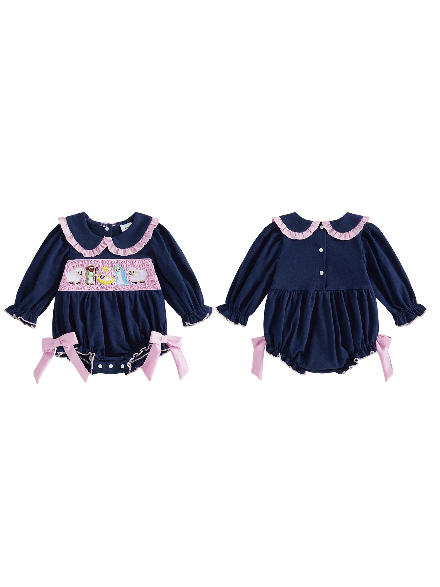 Long Sleeve Doll Collar Collar Smocked Jumpsuit Collar-Smocked Romper-Long-Sleeve Christmas Romper Long Girl Christmas Romper