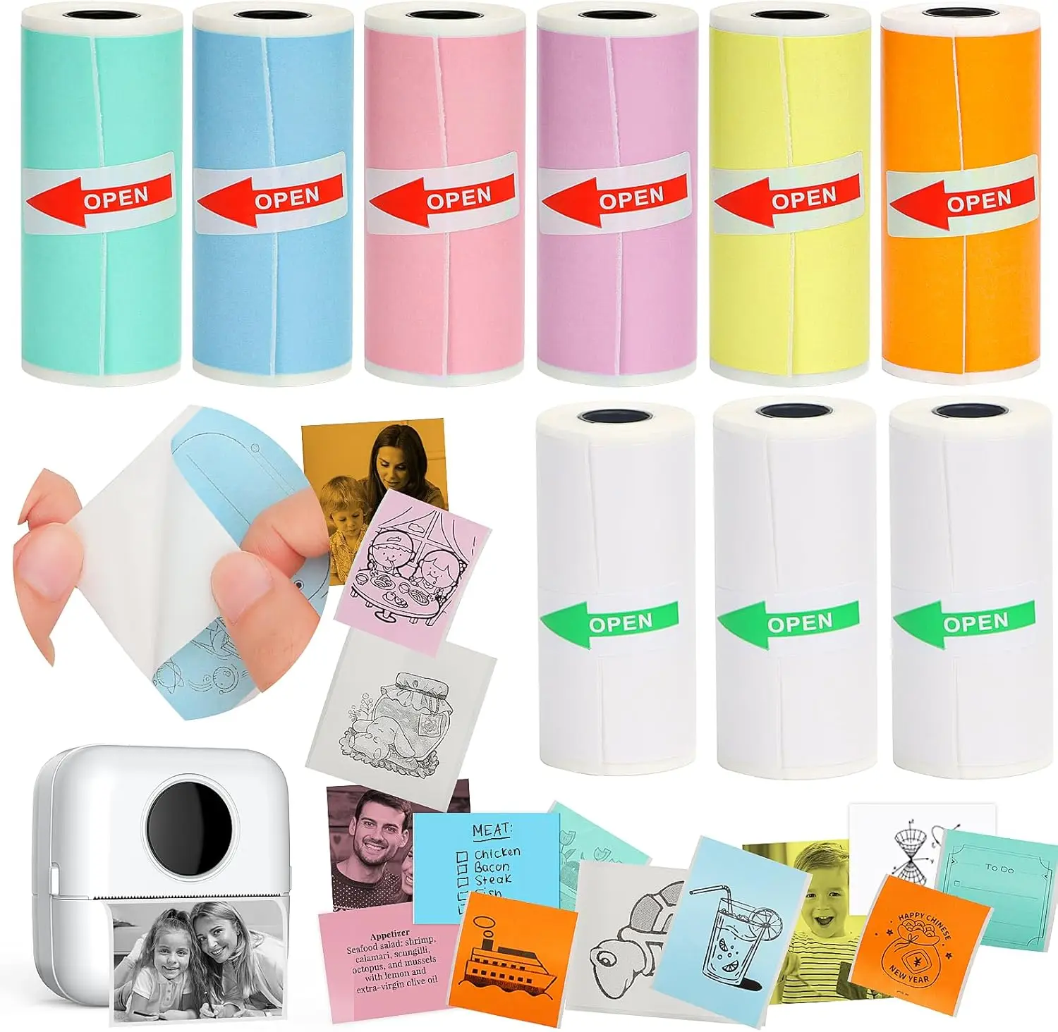 

9 Rolls Mini Printer Sticker Paper, Thermal Self-Adhesive 57x25mm, White & Color for Portable Bluetooth Printer