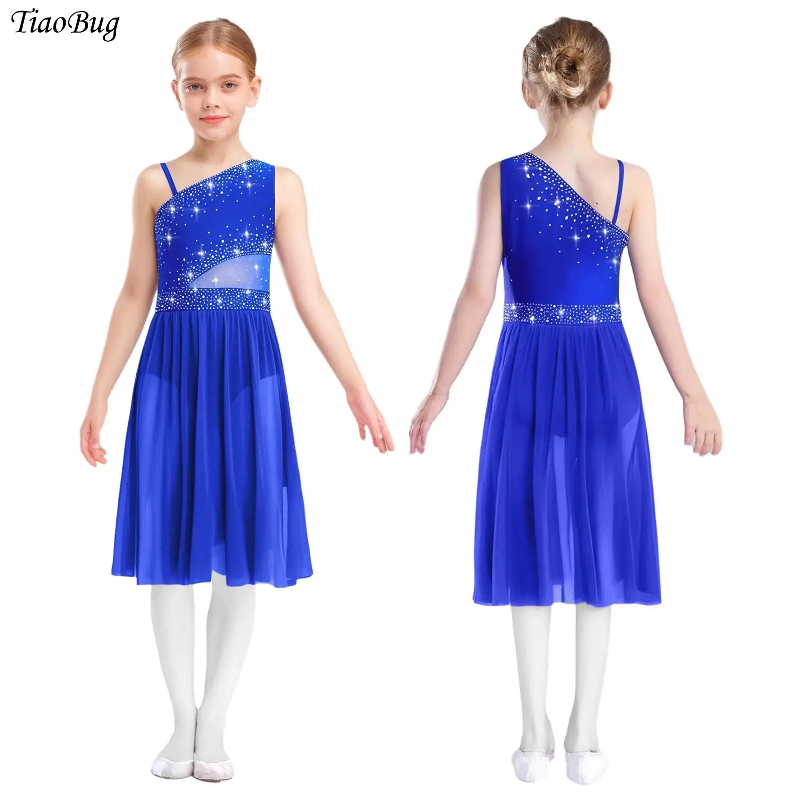 

Kids Girls Rhinestones Lyrical Dance Dress One Shoulder Sleeveless Sheer Mesh Figure Skating Ballet Gymnastics Dance Costumes