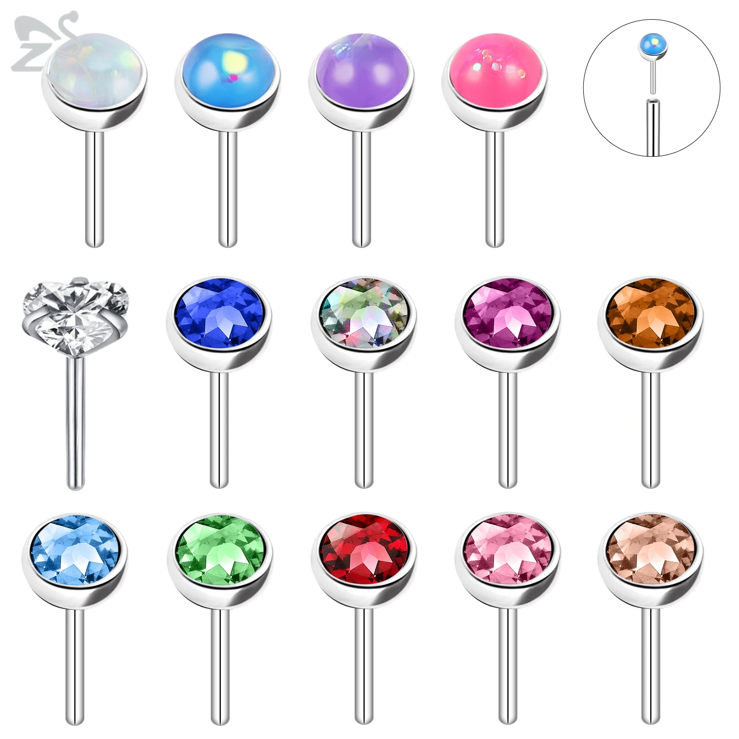 ZS 1 PC Push-In สไตล์สแตนเลส Labret Lip STUD TOP 1.5 มม.-4 มม.CZ คริสตัลเกลียวหูกระดูกอ่อน Tragus Helix เจาะ