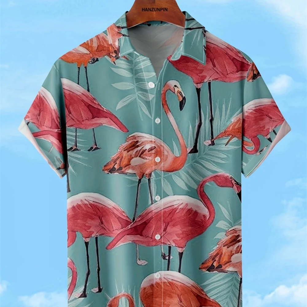

Flamingo 3D Print Beach Shirts Men's Fashionable Shirt Summer Button Lapel Tops Street Casual Harajuku Holiday Hawaiian Blouse
