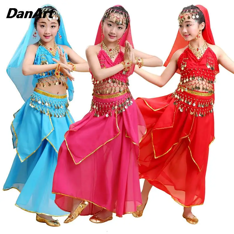 5PCS Sequin Belly Dance Costume Set For Children's Arabic Halloween Outfit Set Kids Indian Dance Performance Clothing Wear