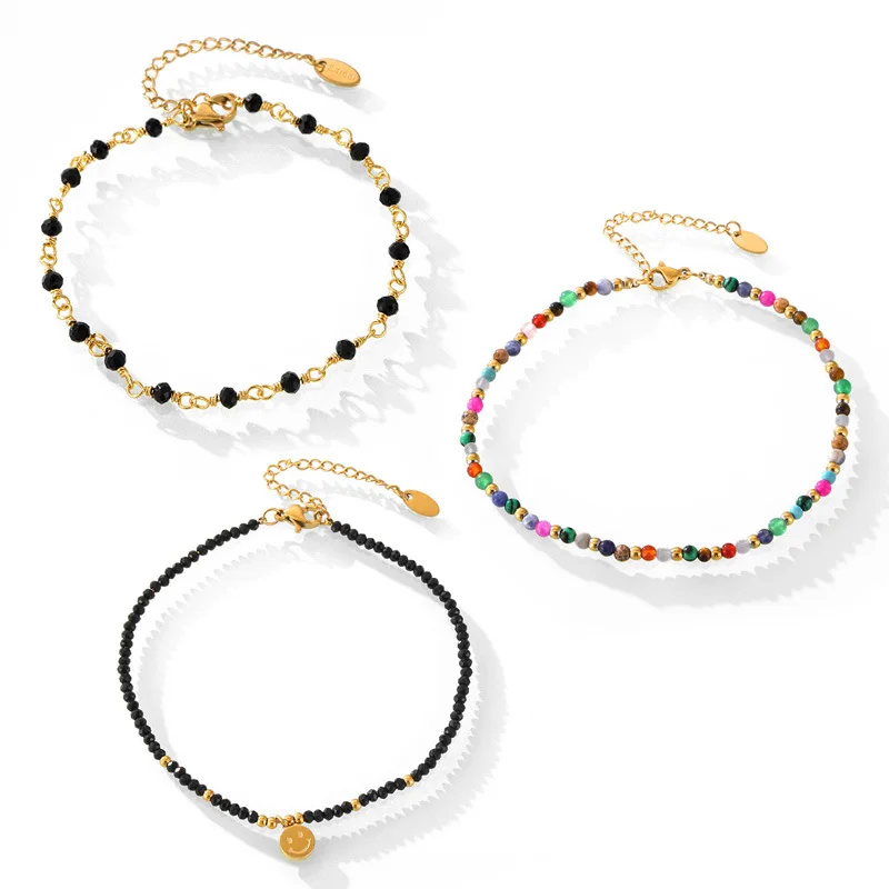 Bohemia Natural Stone Strand Bead Anklet For Women Black Crystal Stainless Steel Foot Chain Women Handmade Summer Beach Jewelry