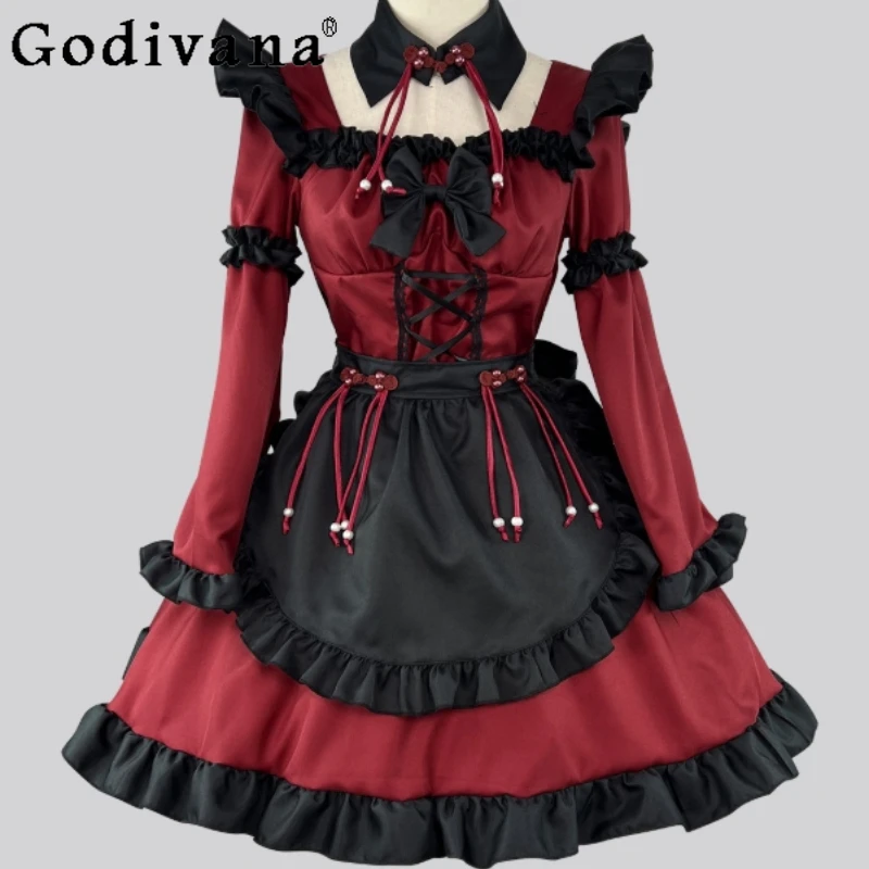 Chinesisches Gothic-Teufelskleid für Frauen, Performance-Lolita-Animation, COS-Dienstmädchenkleid, weiblich, langärmelig, süßes rotes Kleid