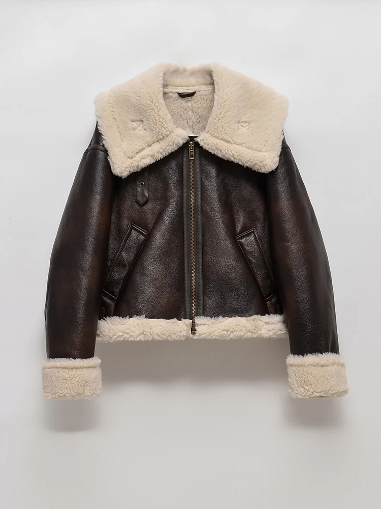 

FTLZZ Autumn Winter Women Vintage Loose Thick Warm Faux Leather Fur Jacket Streetwear Female Zipper Moto Biker Coat Outwear