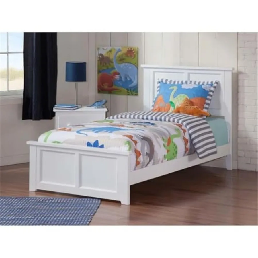 Farmhouse Solid Wood Twin XL Platform Bed, White Finish, Traditional Panel Design, Built-in USB Charger, Durable Bedroom Furnit view 2