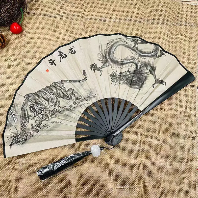 1PC Retro Dragon Folding Fan National Style Man Woman Hanfu Retro Portable Durable Double-sided Pattern Silk Cloth Fan 8 Inch