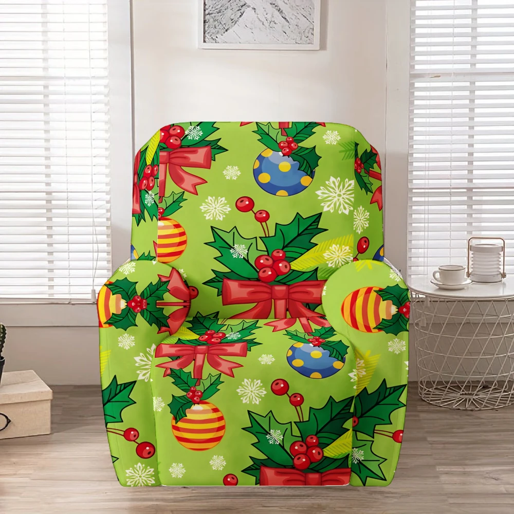 Light Green Holly Colorful Bauble Red Bow Snowflake Print Stretch Recliner Chair Cover, Removable Washable Full Sofa Slipcover
