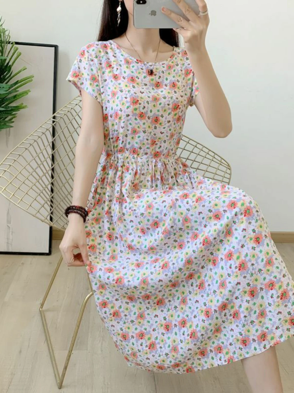 Casual Sommer Lange Baumwolle Seide Dr frauen Floral Taille Cinched Oberbekleidung Künstliche Baumwolle Langen Rock ex Casual