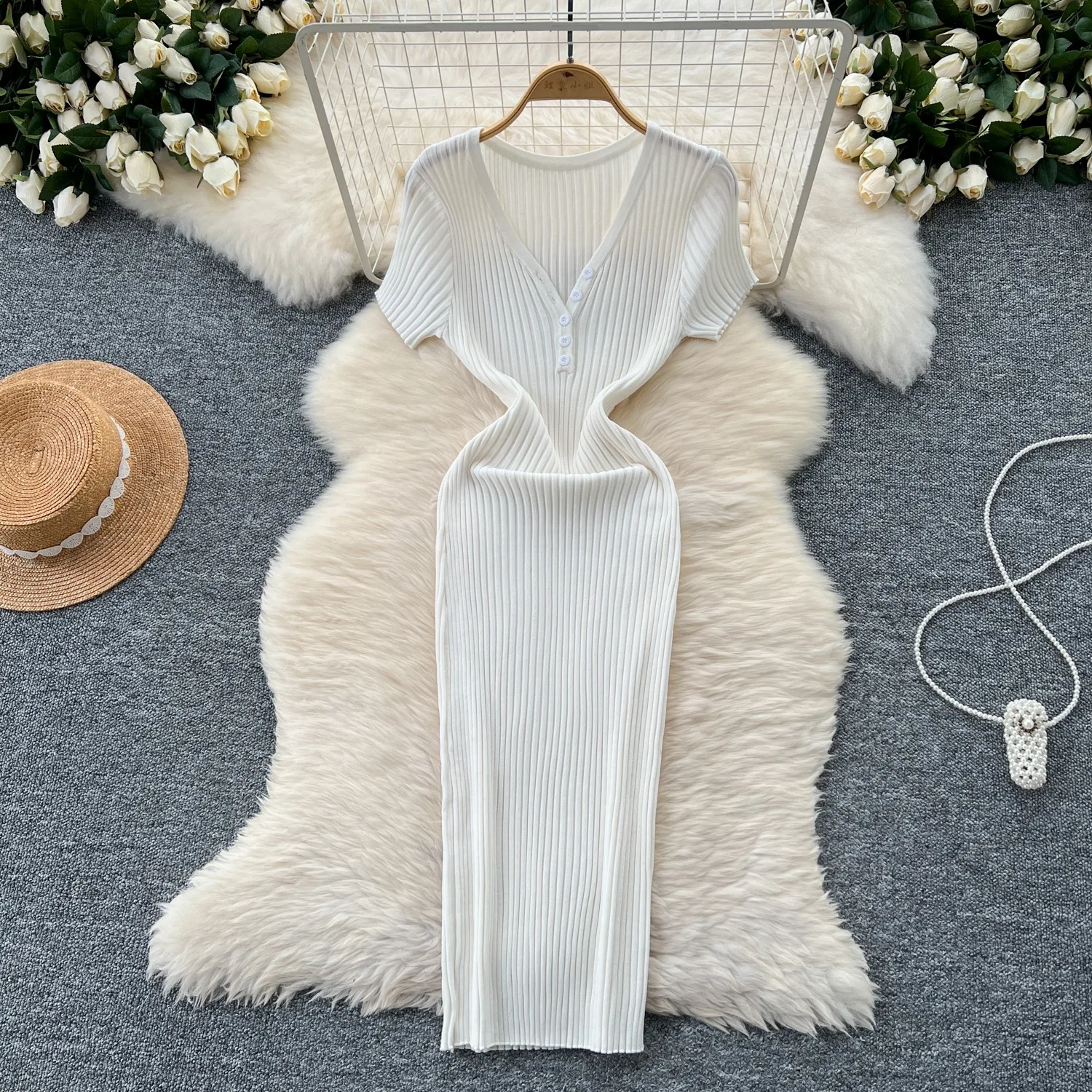 YuooMuoo Chic Fashion V-neck Brilliant Knitted Summer Dress Women Slim Elastic Sexy Package Hips Bodycon Dress Streetwear Outfit