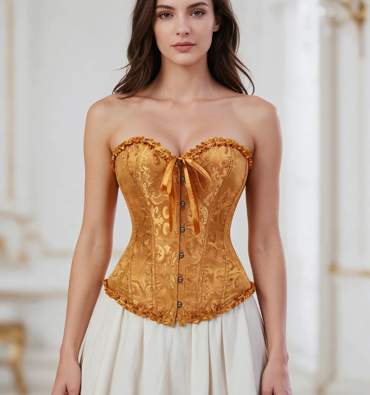 Damen-Overbust-Korsett, Vintage-Jacquard, Rüschen, Schleife vorne, Busk hinten, Schnürung, Taillenformer, Freizeit-, Party- und Alltagskleidung – Detail 19