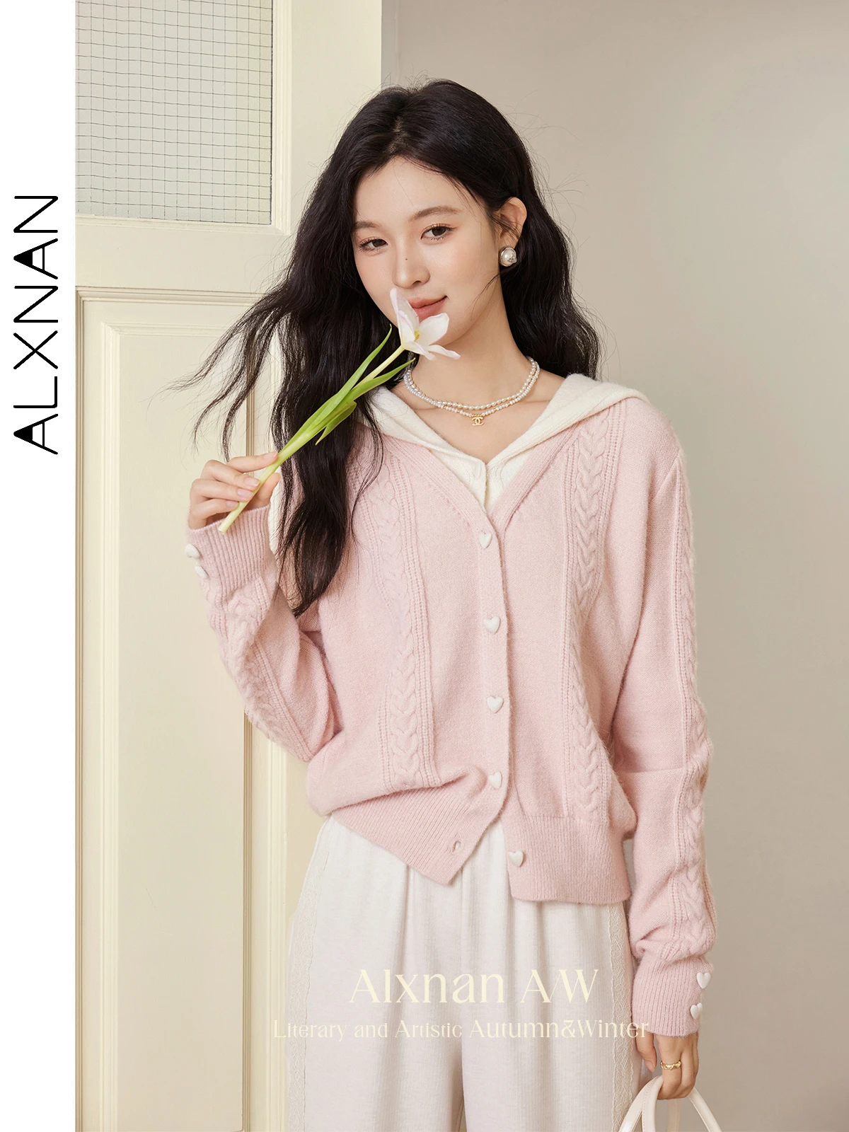 

ALXNAN Women's Sweet Hooded Cardigans Languid Fake Two Piece Heart Button Long Sleeve Knitted Sweater 2024 Autumn Winter L50771