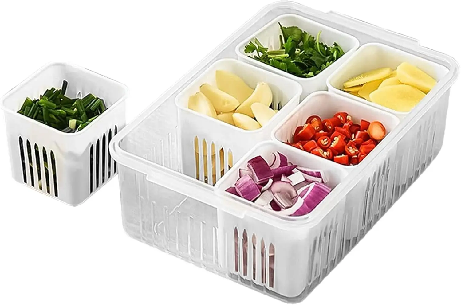 

6 in 1 Scallion Box for Fridge, Food Storing Containers with , Washable & Detachable Drain Basket for Fruit Ginger Garlic Onion