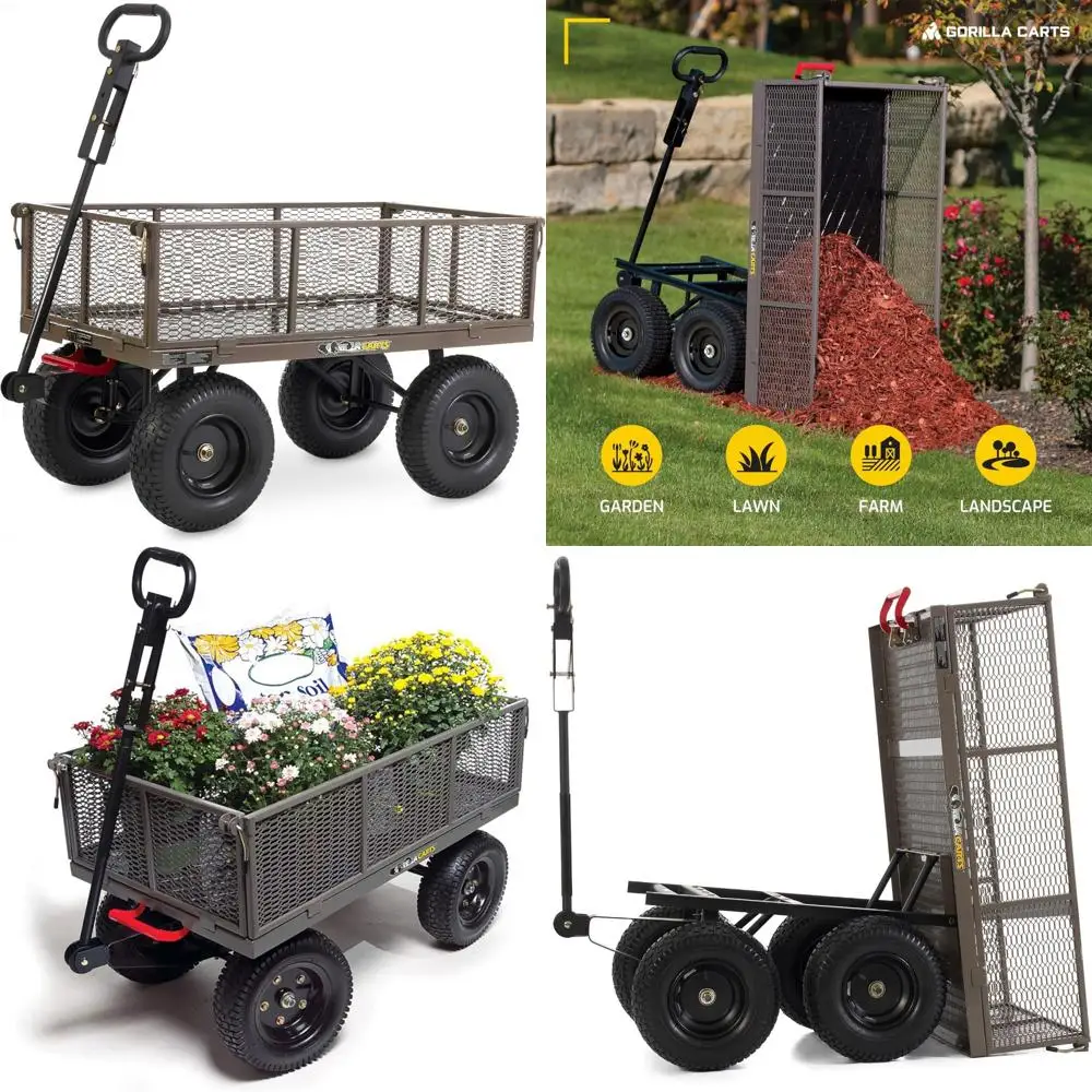 

Сверхмощная стальная тележка-самосвал Gorilla Carts, кровать на 5 кубических футов, вместимость 1200 фунтов, серая — буксируемая уличная универсальная тележка со съемным управлением