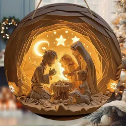 Artistic Nativity Scene Wooden Sign 2D Relief Effect of Jesus Born Round Sign for Church Front Door Wall Hanging Decor Ideal