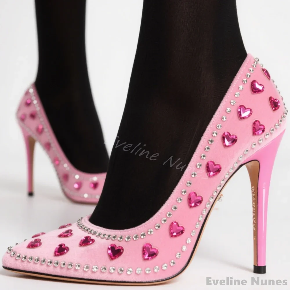 Pink Flannel Heart Shaped Rhinestones Pumps Women Pointed Toe Rhinestone Heels Slip On Sandals Luxury Catwalk Party High Heels