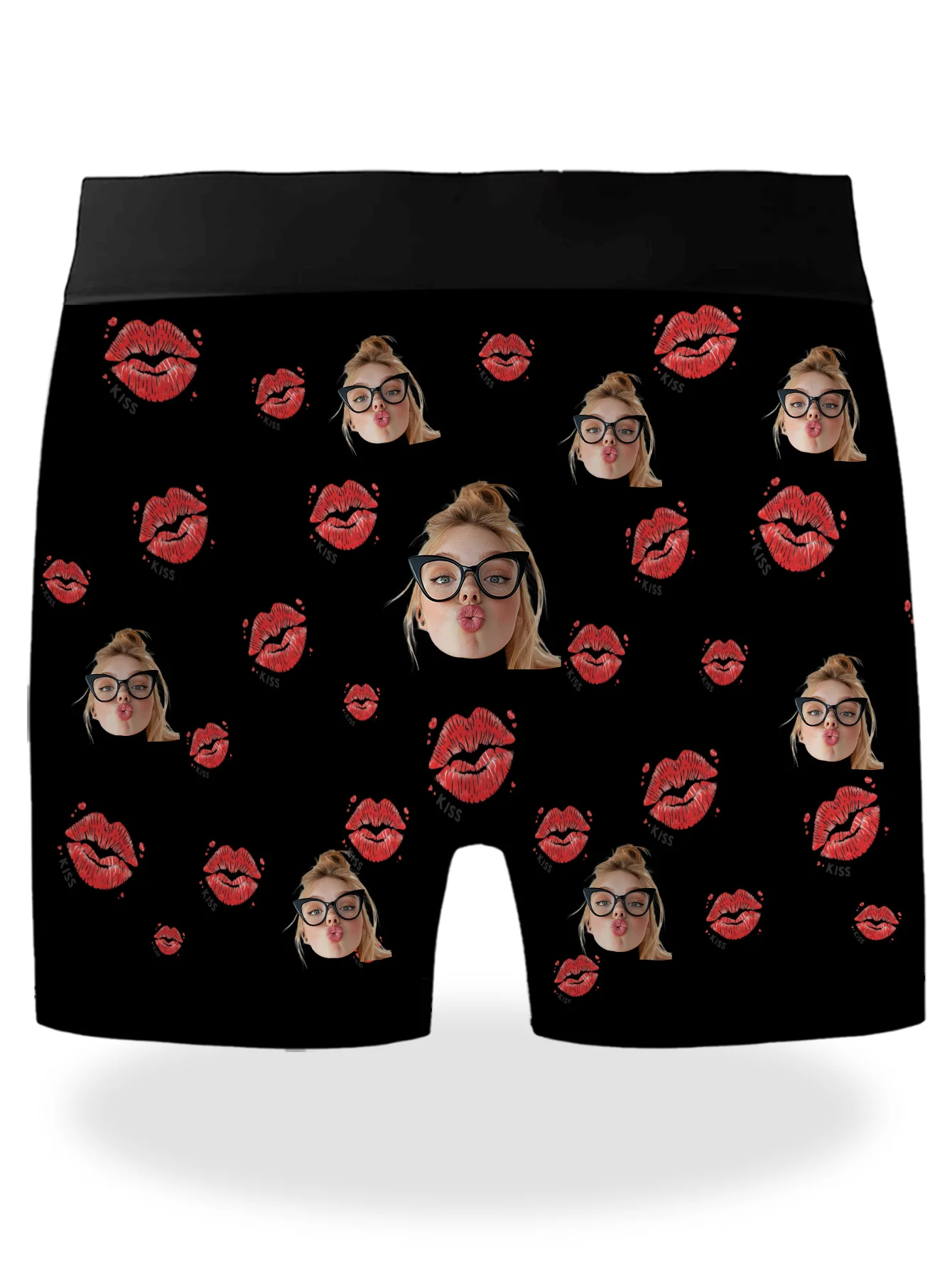 Custom Men's Boxer Briefs, Black Underwear, Featuring Multiple Red Lip Prints and a Cartoon Character Wearing Glasses