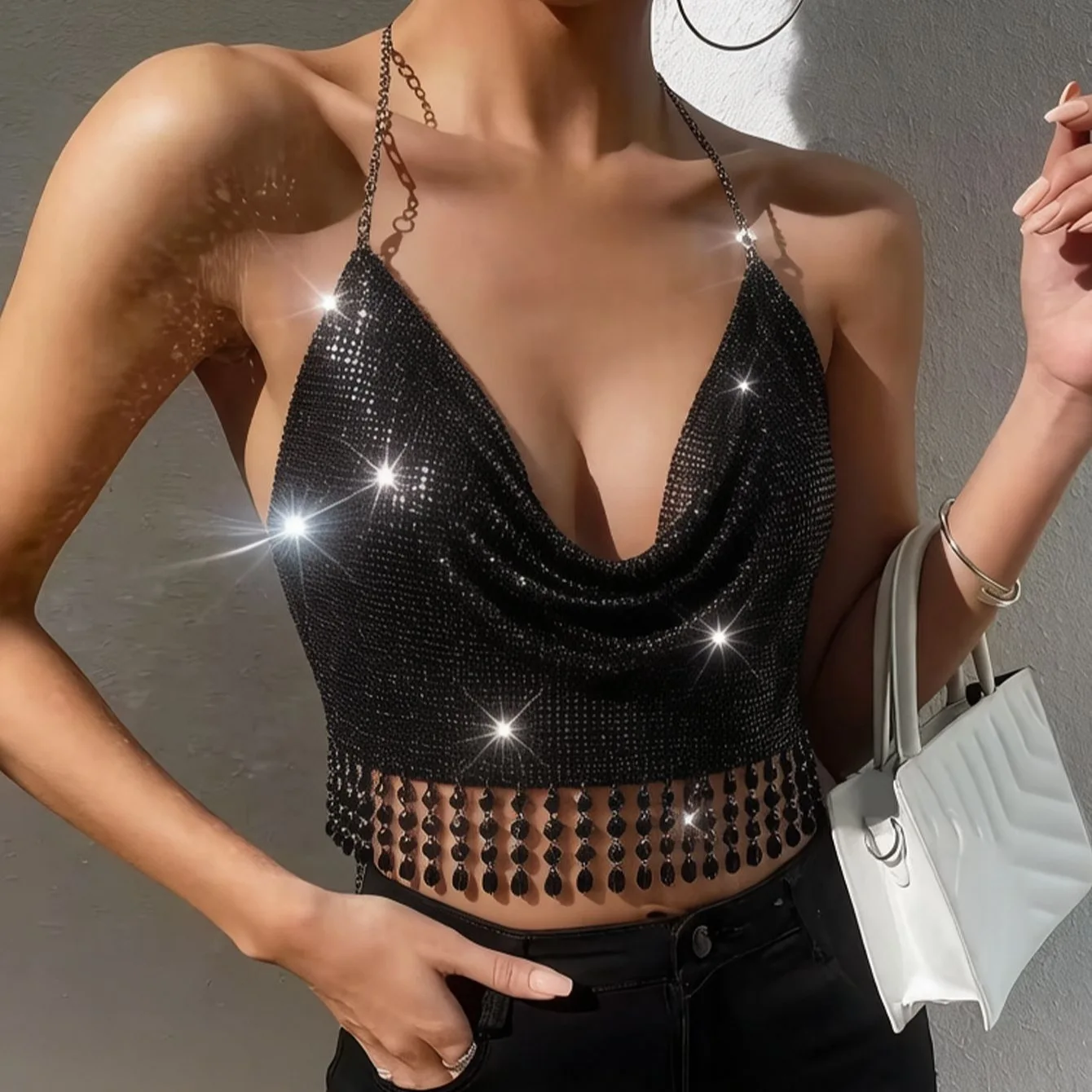New Women's Rhinestone Draped Collar Tassel Hem Chain Halter Crop Top Slim Trendy Daily Outfit Club Vacation Sleeveless Camisole