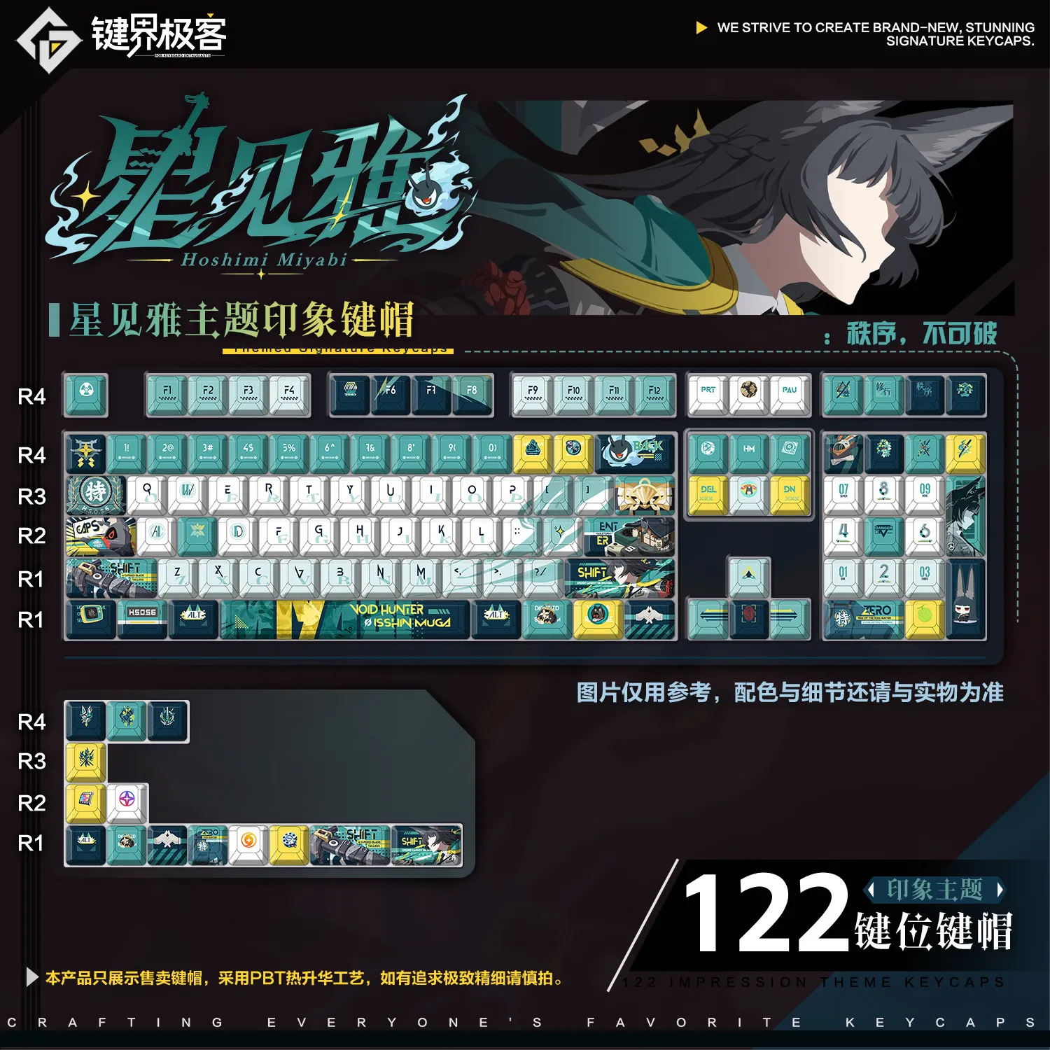 122 Keys Zenless Zone Zero Theme Keycaps Hoshimi Miyabi Game Chreey Profile PBT DYE-Sub Key Cap for ANSI Made68 Mad68 Wooting 60