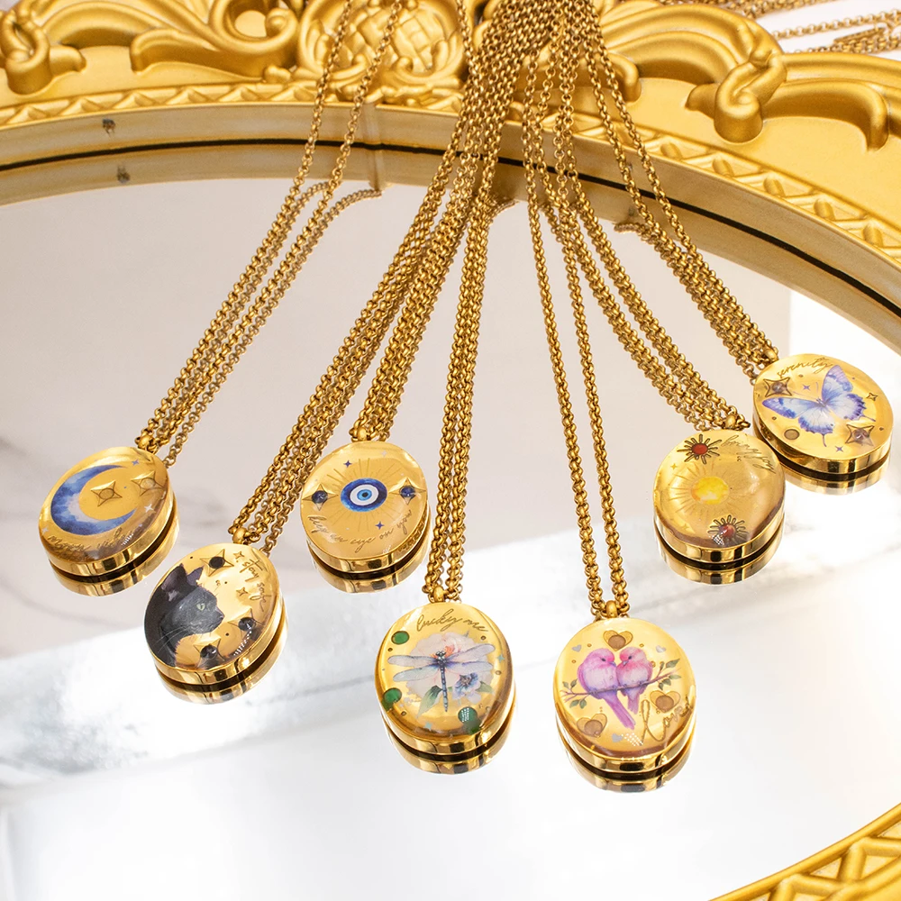 Fashion Stainless Steel Dragonfly Pattern Cat Moon Sun Bird Pendant Necklace Evil Eyes Pendant Necklace Clavicle Chain Jewelry