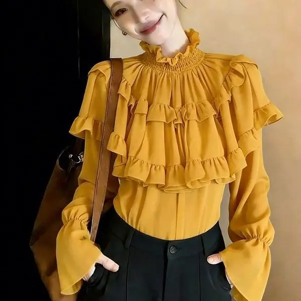 

Spring 2026 French ruffle edge yellow long-sleeved stand-up collar shirt women's light luxury design sense age-reducing top