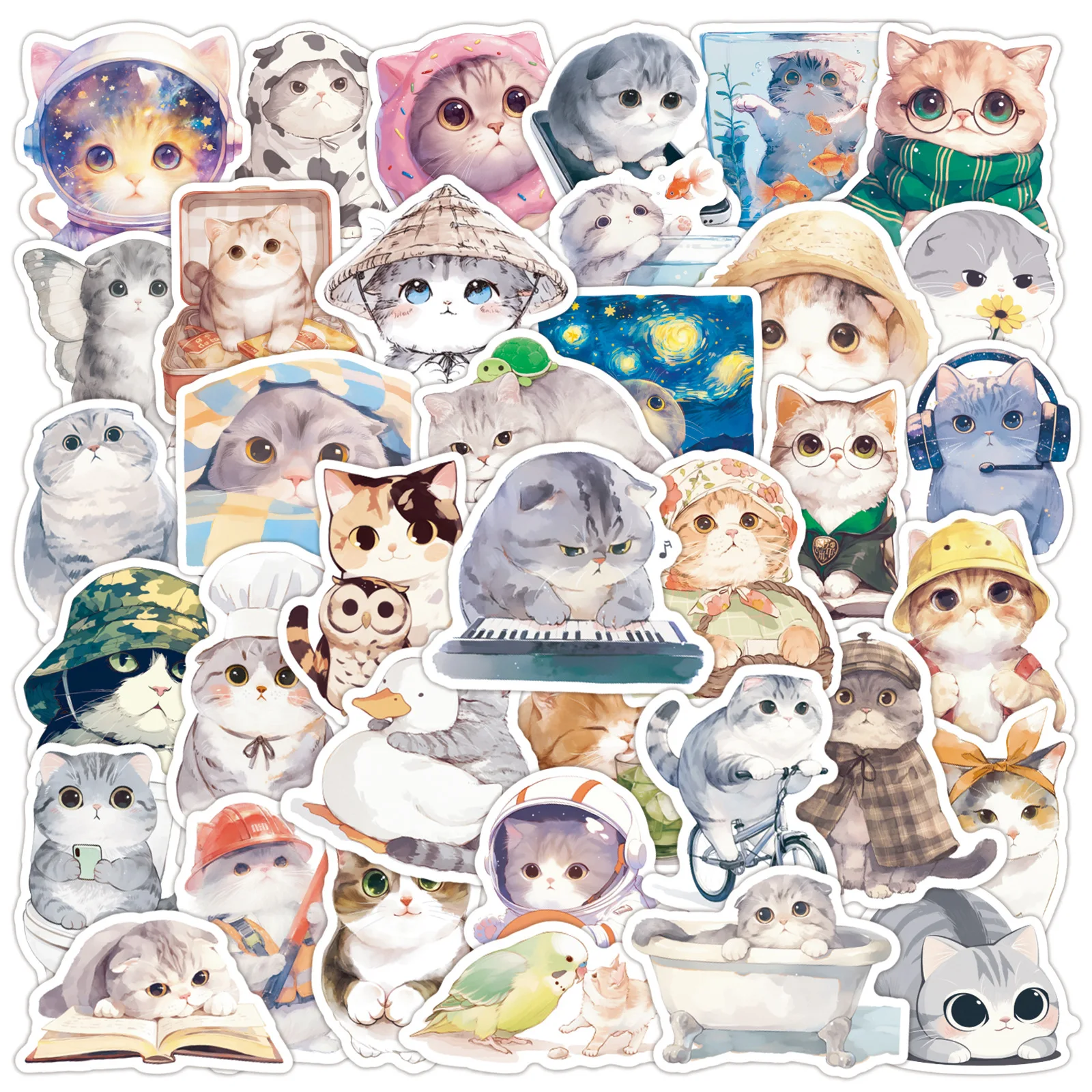 50/100Pcs Cartoon HD Ink Painting Cat Stickers for Electric Scooter Notebook Cup Stationery Box Vinyl Waterproof Reward Decals