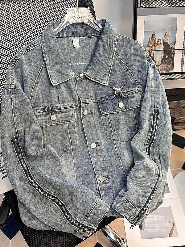 

Retro American Waed Denim Jaet Men's Spring Autumn Double Zipper Casual Loose Streetwear Sle Polyester Cotton Blend