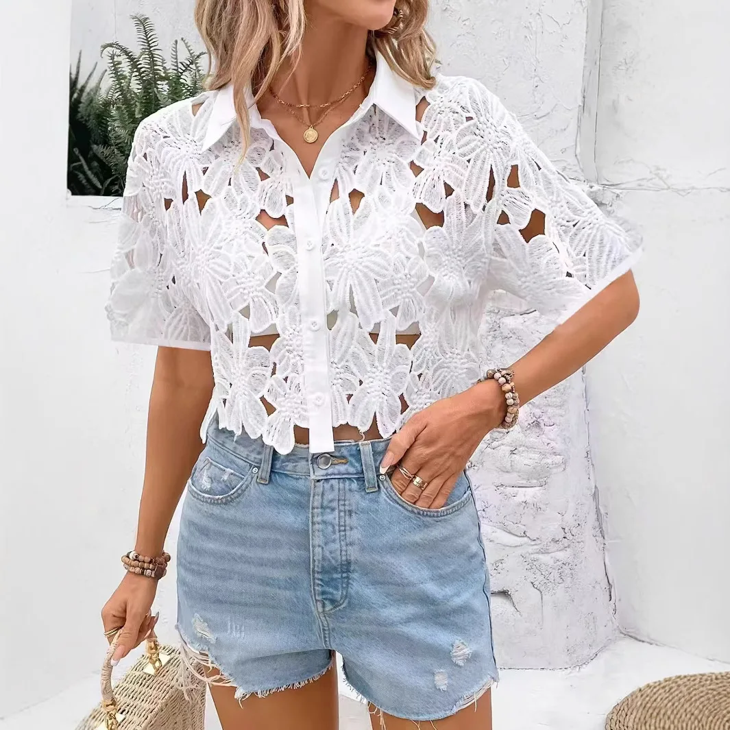 2026 Women's Lace Casual Shirt Top White Black