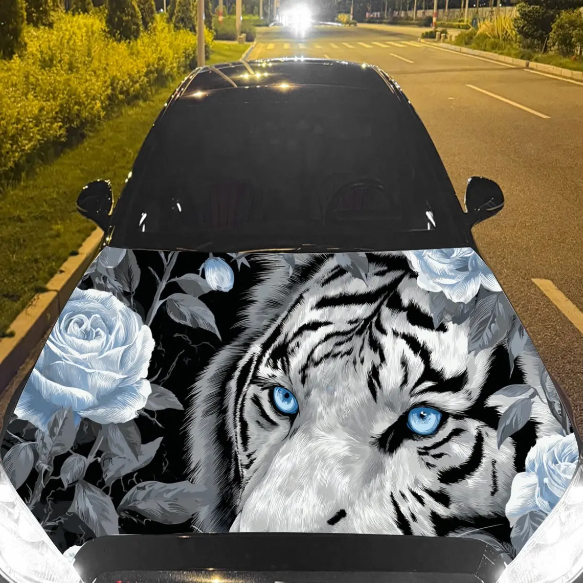 Car Decal White Tiger in Monochromatic Textured Background & Artistic, Piercing-Dynamic Visual Details Car Hood Sticker, Waterpr