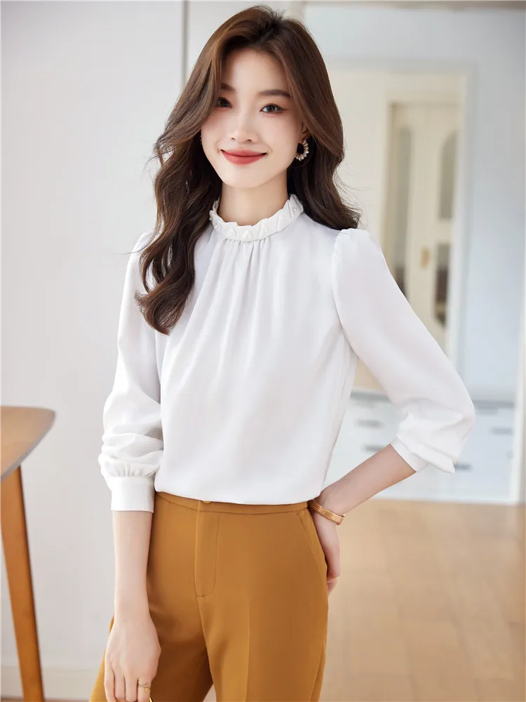 Women\'s Long Sleeve Green Blouses Office Lady Solid Shirt Stand-up Collar Elegant Pink Folds Female Loose Tops Spring New 2024