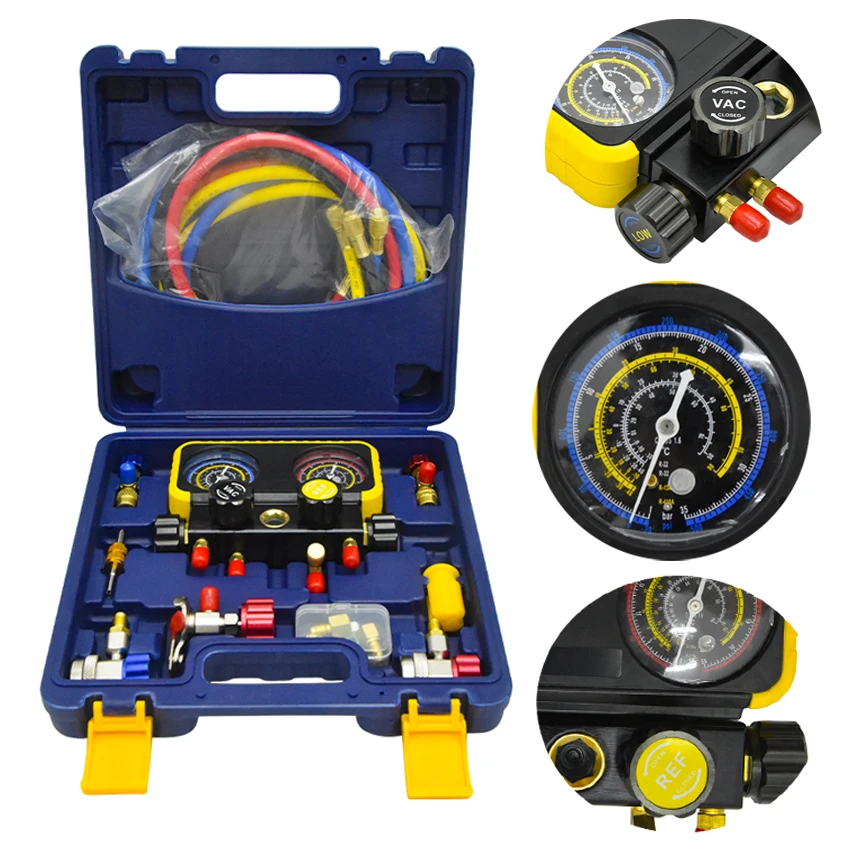 

1 Set 4 Way A/C Manifold Gauge Set Fits R134A R410A R32 R22 Refrigerants Air Conditioning Fluoride Tools set with Hose