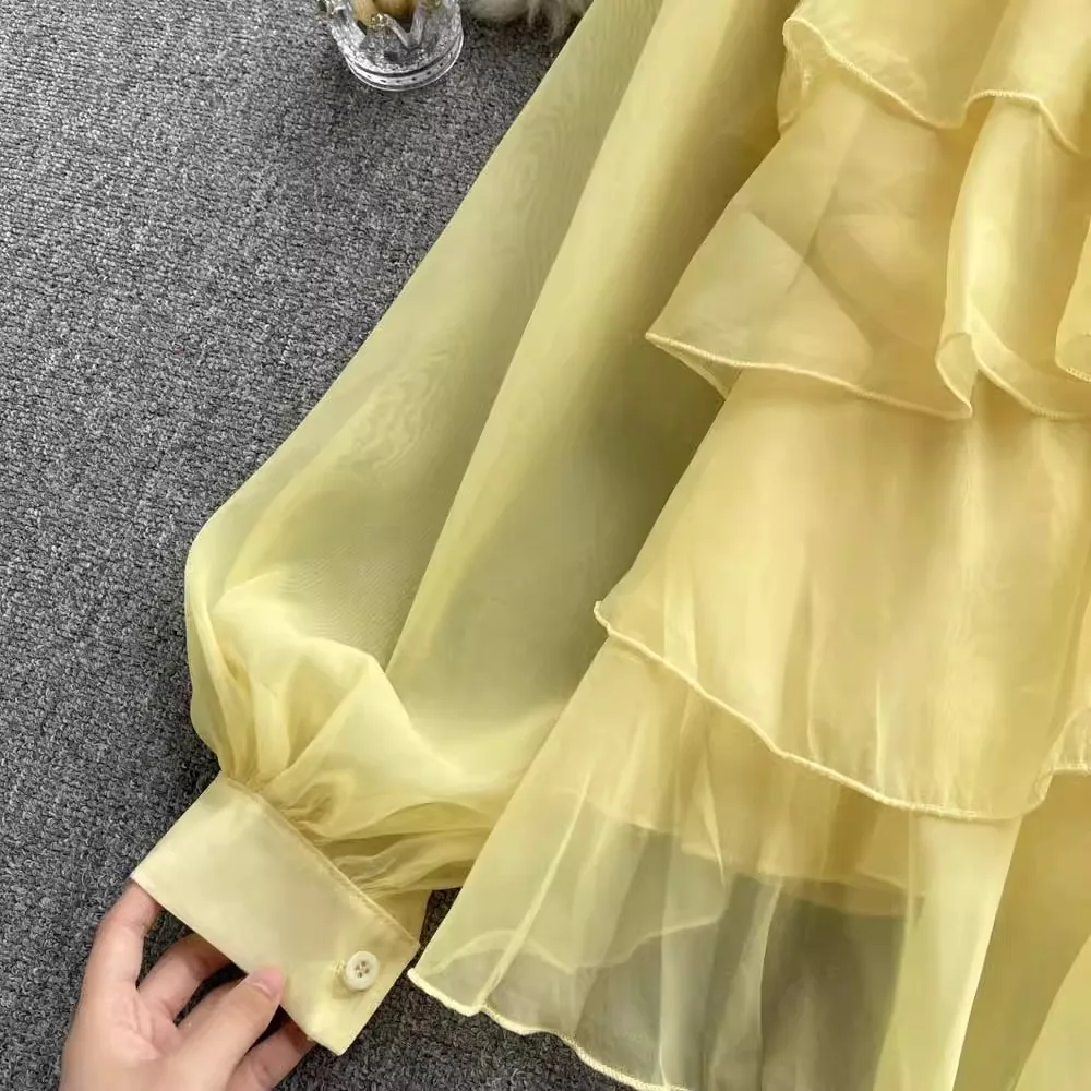 2024 New Chic Elegant Autumn Yellow Chiffon Loose Shirt Tops Women Bowknot Collar Lantern Sleeve Ruffles Layers Holiday Blouses