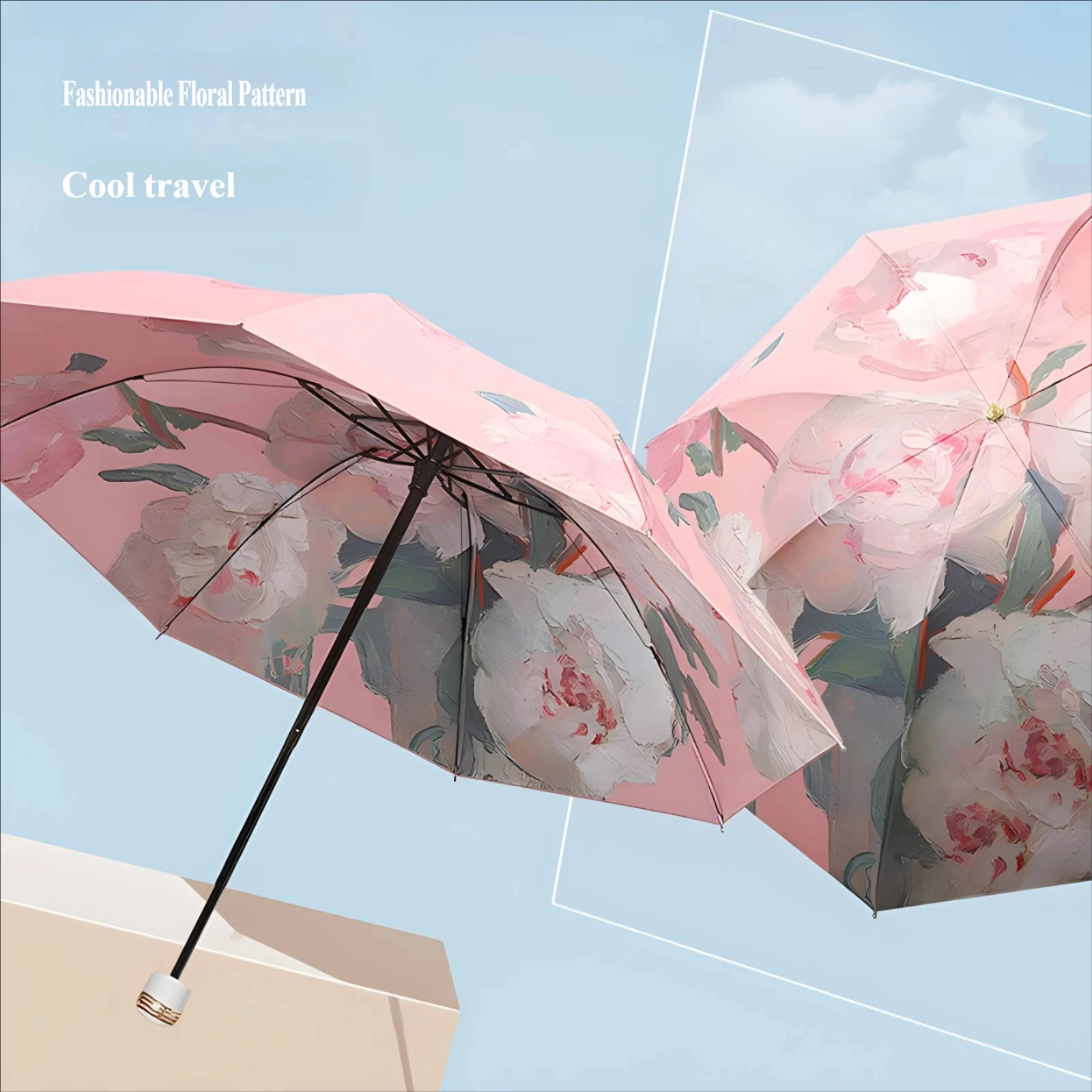 8 Ribs 3-Fold Manual Umbrella, Double Layer Black Coated, Sun Protection Anti-UV, Sun and Rain Dual Use