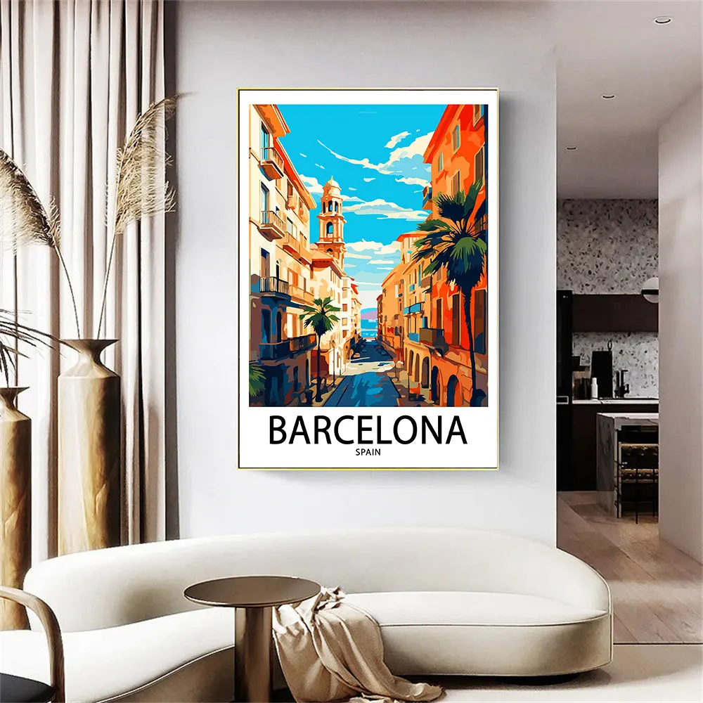 Barcelona Travel Poster Print Spain City Landscape Cartoon Wall Art Picture Canvas Painting for Living Room Home Decoration