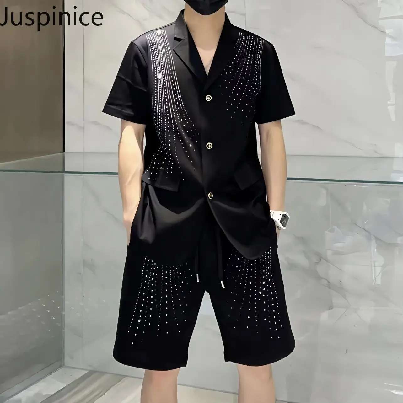 

Summer Short-sleeved Suit Jackets Shorts Set Men's High Street Personality Loose Casual Tops Five-quarter Pants Male Clothes