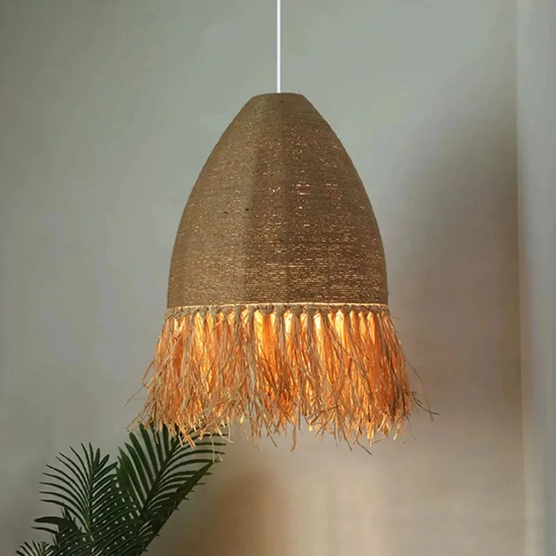 Retro Woven Wabi Sabi Rattan Pendant Light Restaurant Bar Cafe Dining Room Decor Chandelier Bedroom Bedside Hanging Lamp Fixture