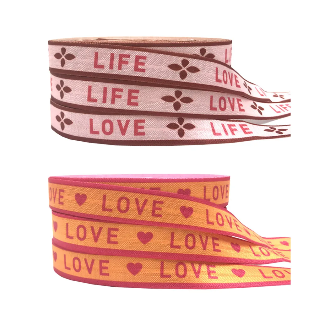 10Yard LIFE LOVE Print Letters Fold Over Elastic 15MM FOE Ribbon per accessori per fettuccia regalo copricapo fai da te