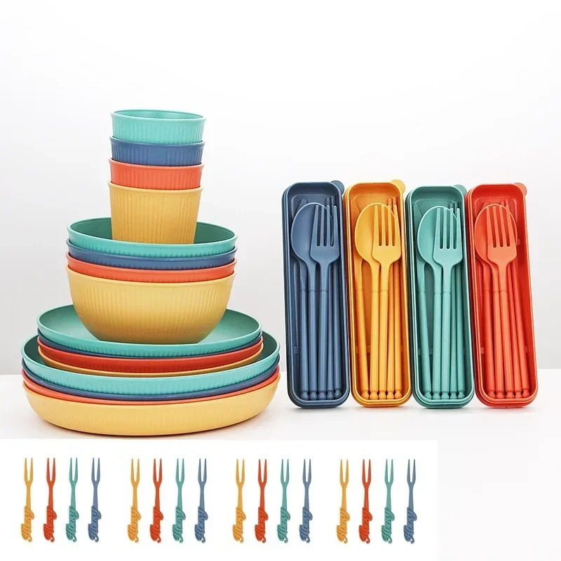 Portable Wheat Straw Tableware Set Bowl Plate Cup with Knives Forks Chopsticks for Home Camping Picnic Holiday Gift