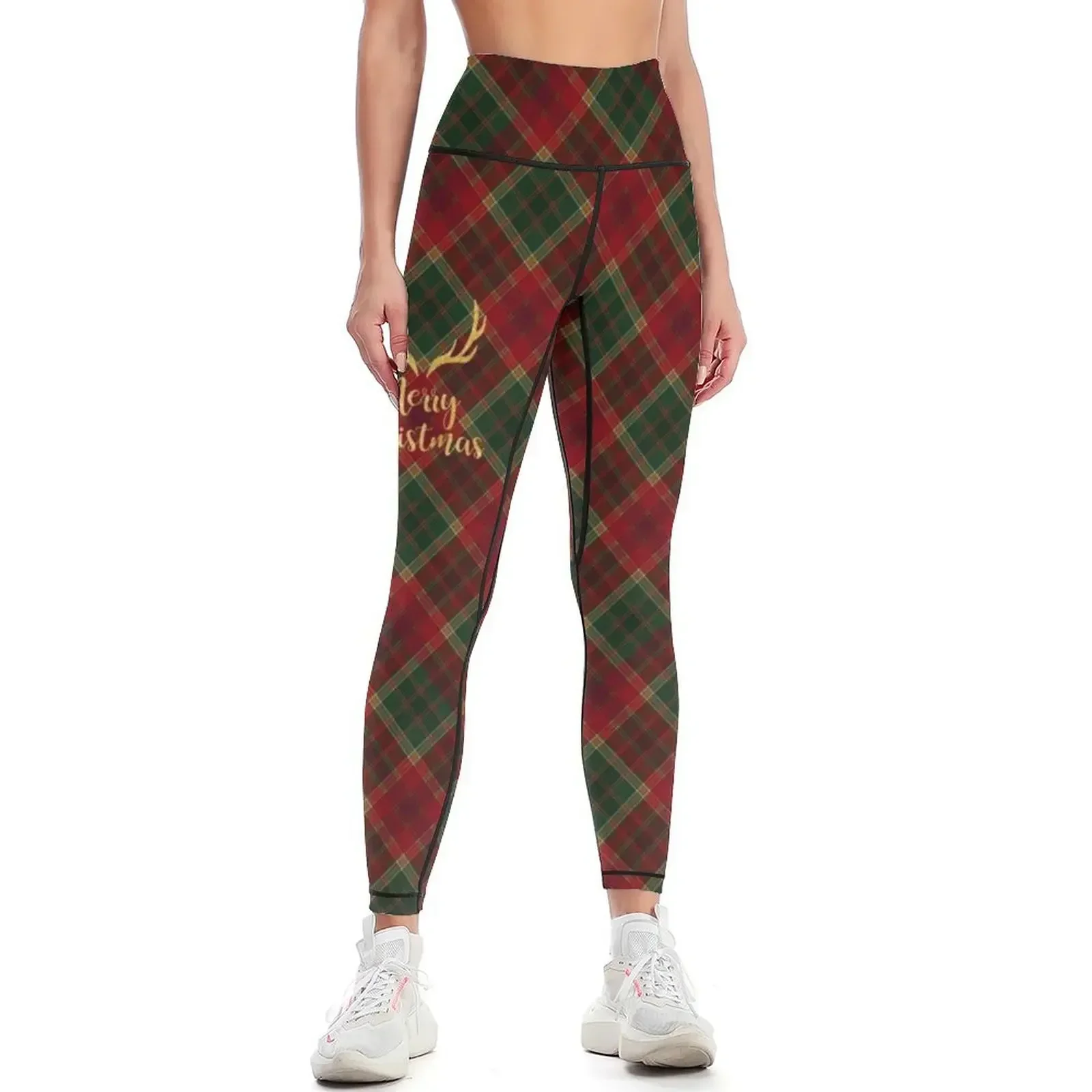

Merry Christmas With Antlers - Red Plaid Leggings push up legging active wear Women's sportswear gym wear Womens Leggings