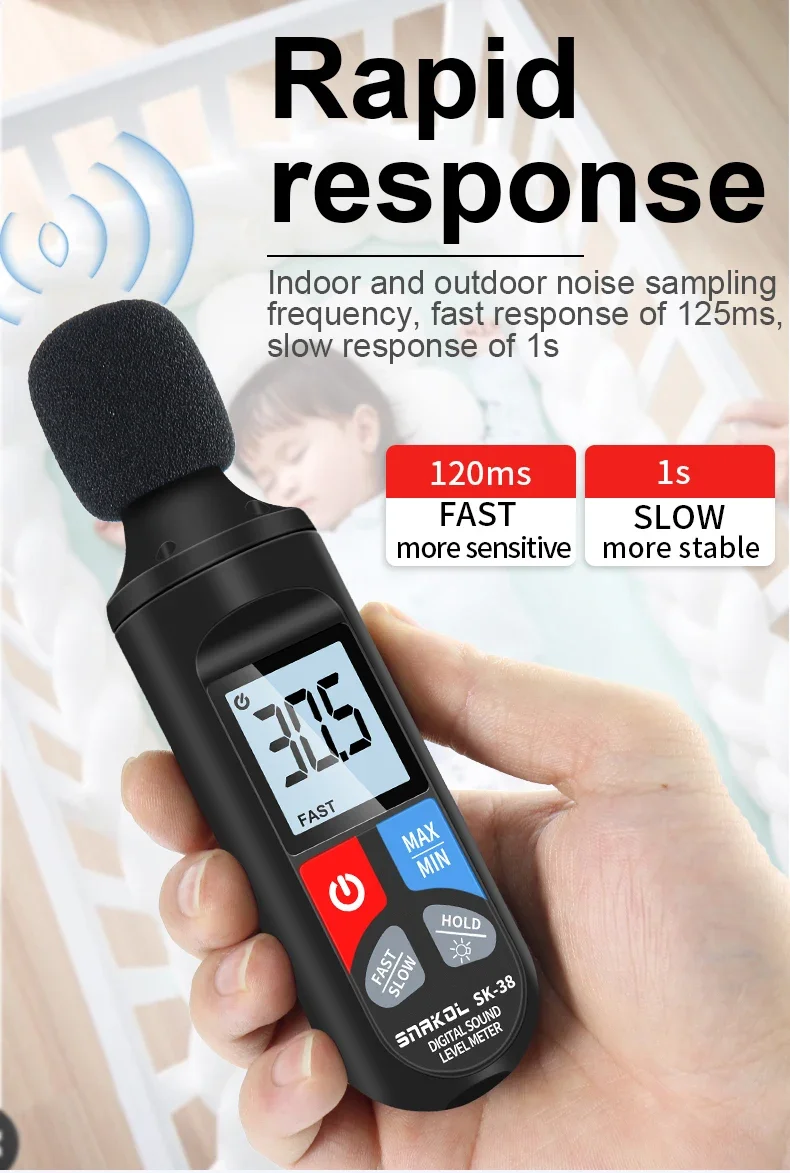 SNAKOL SK-38 Digitales Schallpegelmessgerät MAX/MIN Datenhaltefunktion Lärmmessgerät 30-130dB Dezibelmessgerät mit LCD-Anzeige für Werkstätten – Detail 3