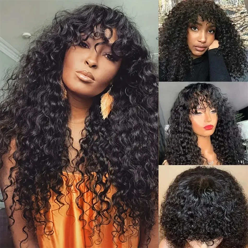 Loose Water Wave Wig With Bangs Curly Human Hair Wigs For Women Brazilian Natural Cheap Full Machine Made Wigs 30 Inch Long Wig image 2